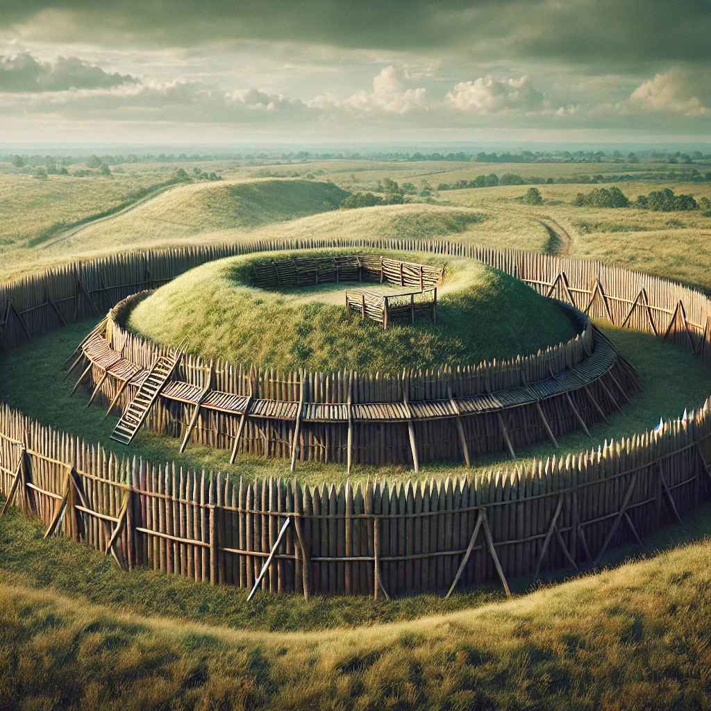 DALL·E 2024 11 25 21.26.19 A medieval style earthwork fortification featuring an oval shaped mound surrounded by defensive ditches and wooden palisades situated in a grassy ru Idi pa vidi