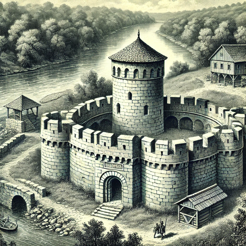 DALL·E 2024 11 25 21.46.04 A historical illustration of a small Ottoman fortification Alica Kulina located near a river in a rural setting featuring a circular stone tower wi Idi pa vidi