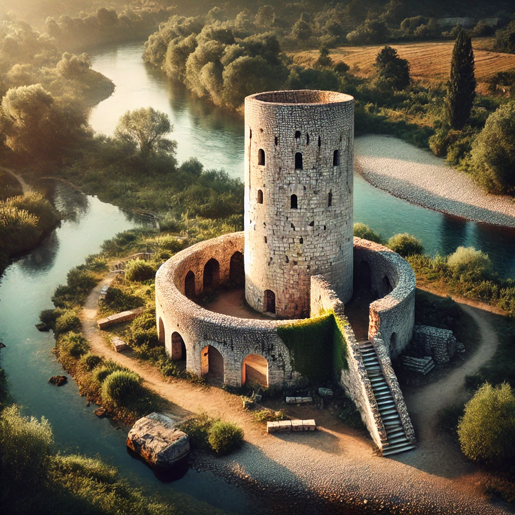 Alića Kulina – Zaboravljena osmanska kula kraj Gospića 1 Idi pa vidi DALL·E 2024 11 25 21.46.08 A medieval Ottoman tower resembling Alica Kulina located near a riverbank in a rural landscape. The tower is circular partially ruined with visible 1 Idi pa vidi
