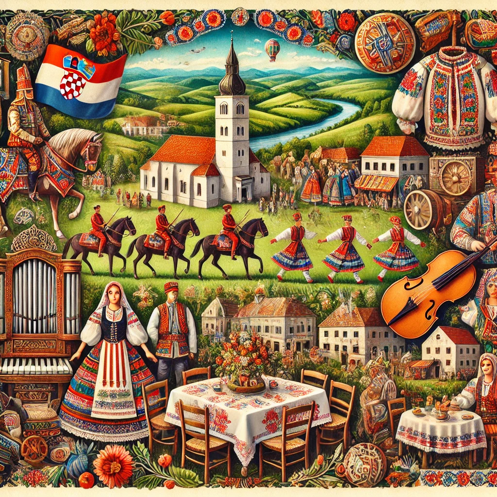 DALL·E 2024 11 26 15.40.34 An artistic collage representing traditional Slavonian festivals in Croatia. The image includes elements like traditional tamburica musical instrument Idi pa vidi