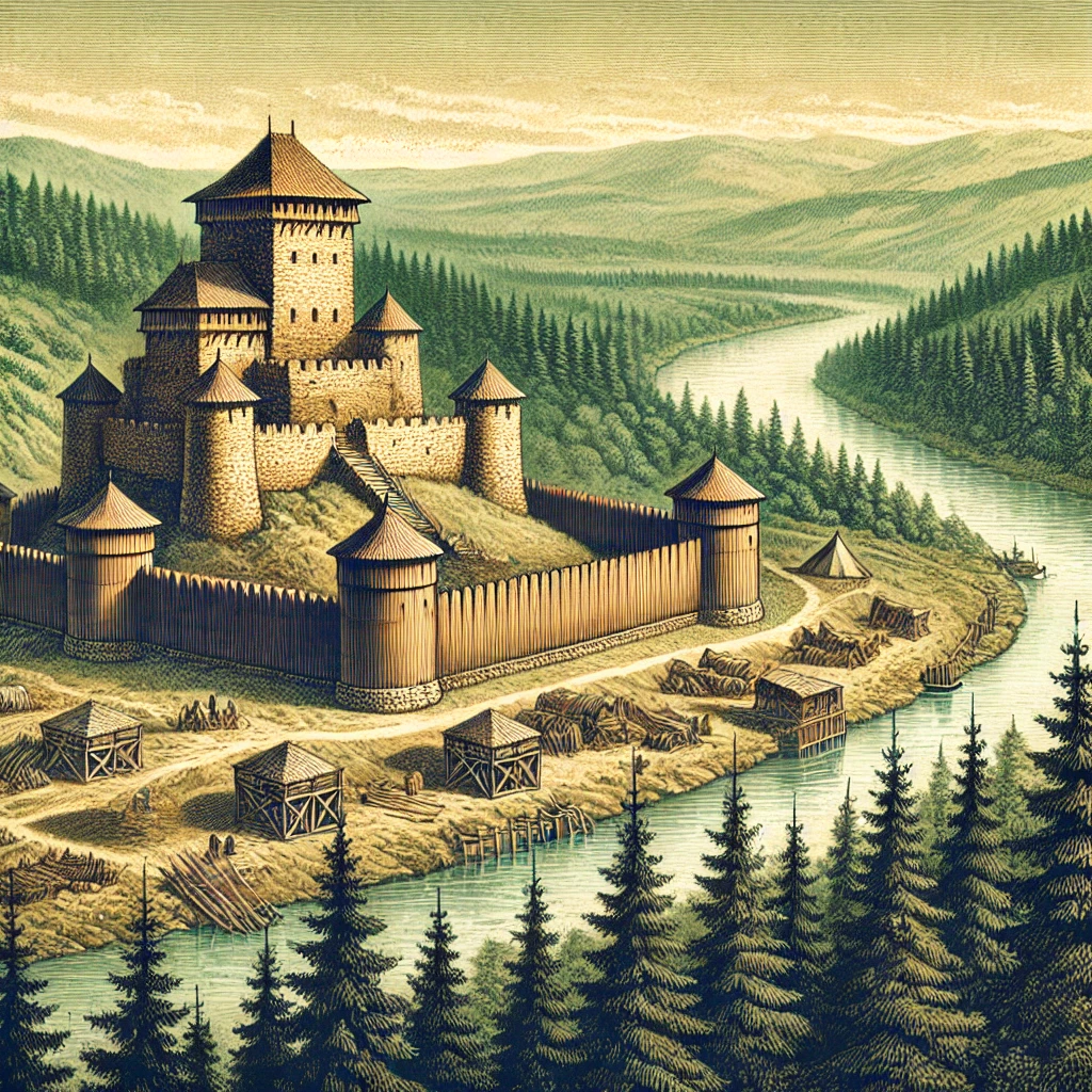 DALL·E 2024 12 26 18.09.03 A historical illustration of a medieval fortification resembling the Alsan fortress situated on a high ridge near a river surrounded by dense forest Idi pa vidi